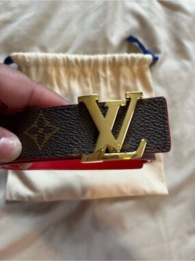 Louis Vuitton Brown Monogram Belt with Red Reversible Leather and Gold LV Buckle